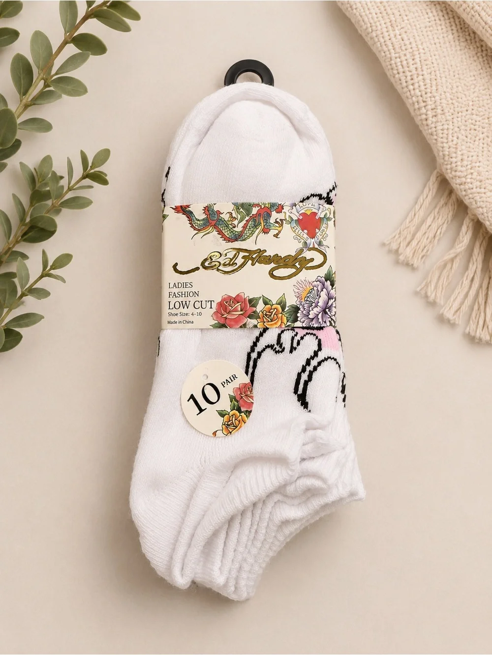 Ed Hardy (10) Pairs White Ladies Low Cut Socks with Black Accents